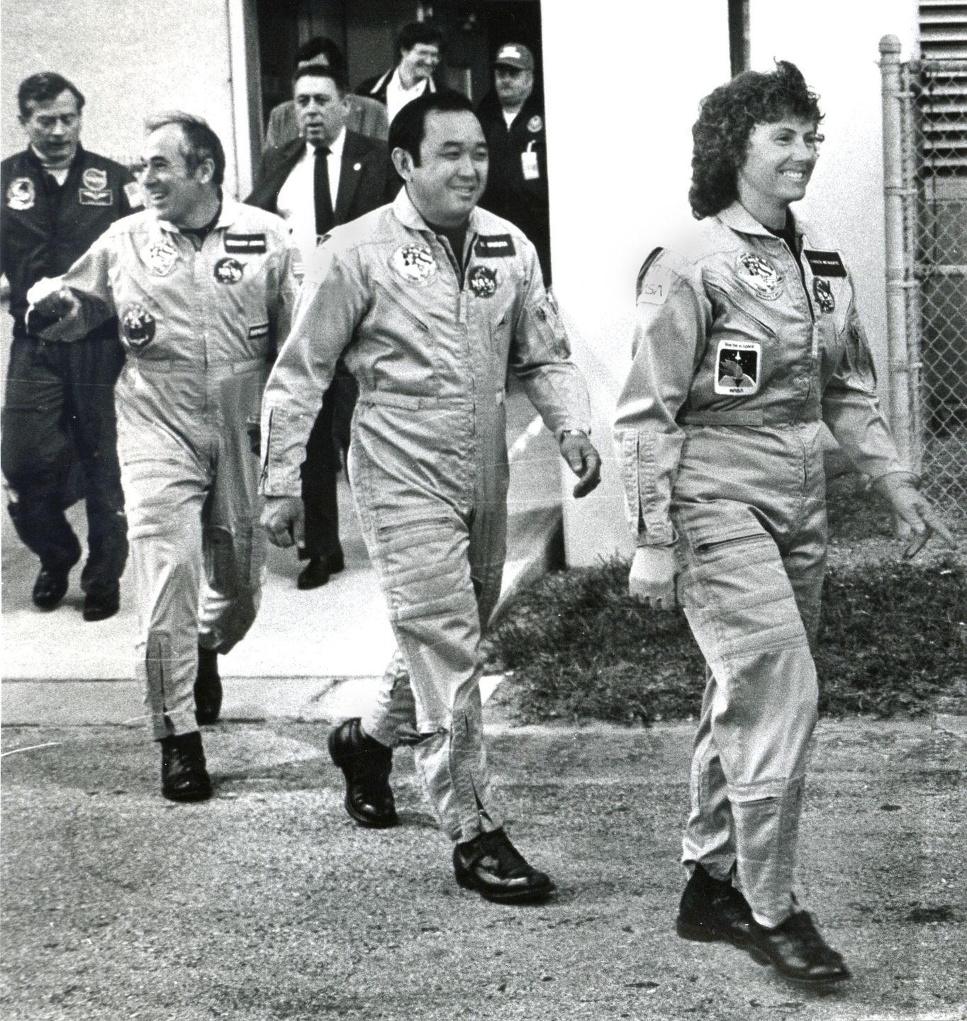 1/28/86- Cape Canaveral- Fla-- Astronauts (front to back) Christa McAuliffe, Ellison Onizuka, and Greg Jarvis leave crew headquarters for a ride to launch pad 39B where space shuttle challenger awaits them- Staff photo by Arthur Pollock- saved in Adv Sun. (Photo by MediaNews Group/Boston Herald via Getty Images)