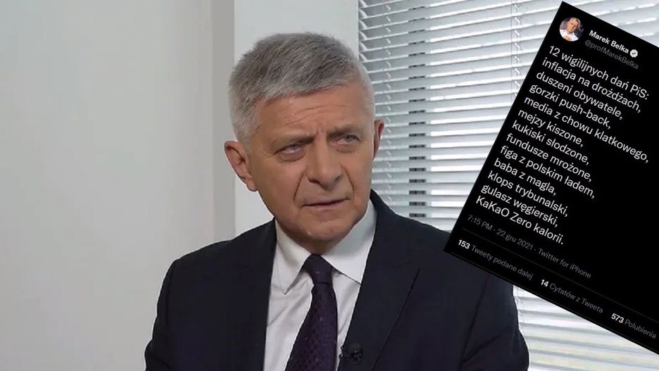 Na zdjęciu Marek Belka. Obok niego doklejony tweet z "wierszem"