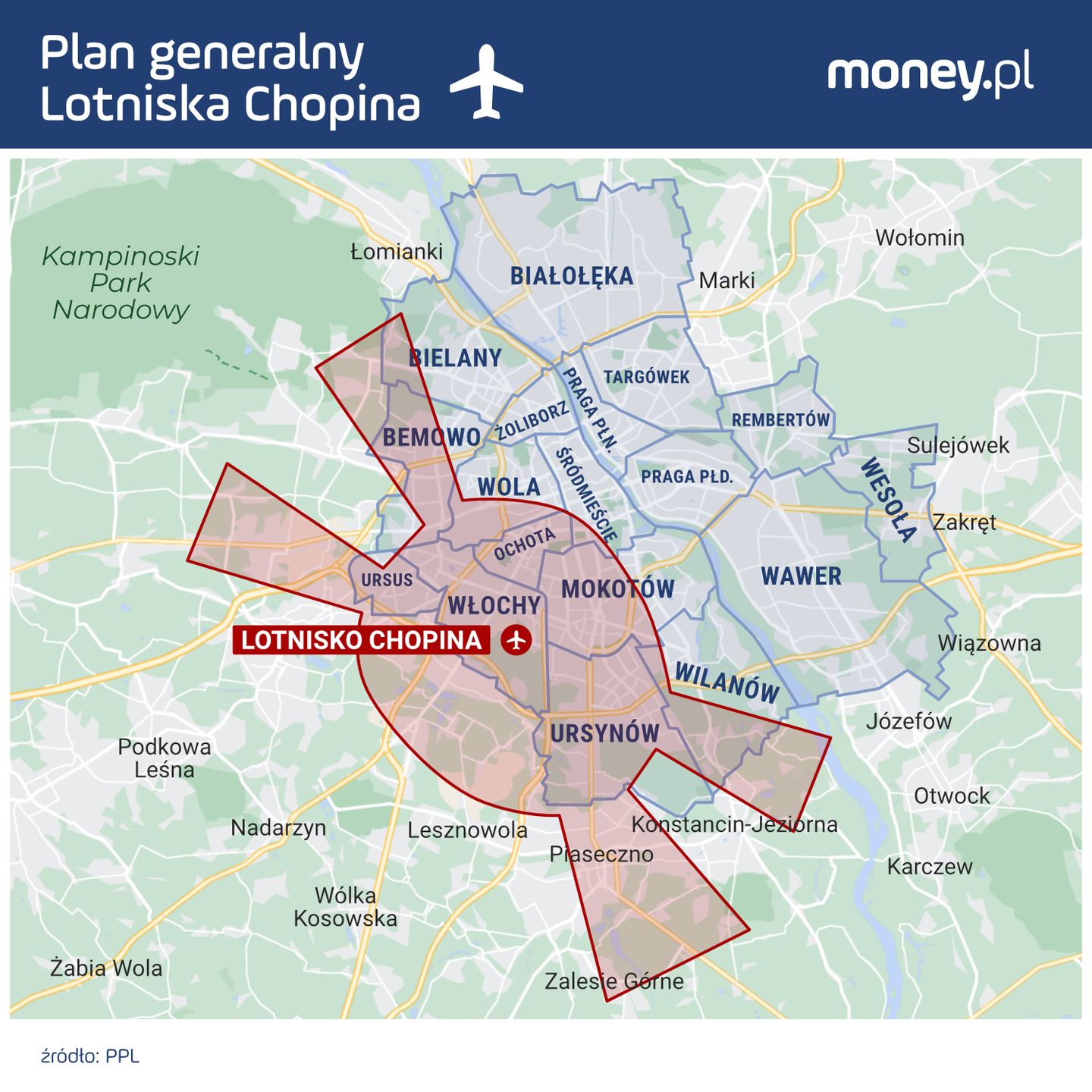 Maksymalny zasięg oddziaływania planu generalnego Lotniska Chopina. Na niebiesko zaznaczono granice administracyjne Warszawy