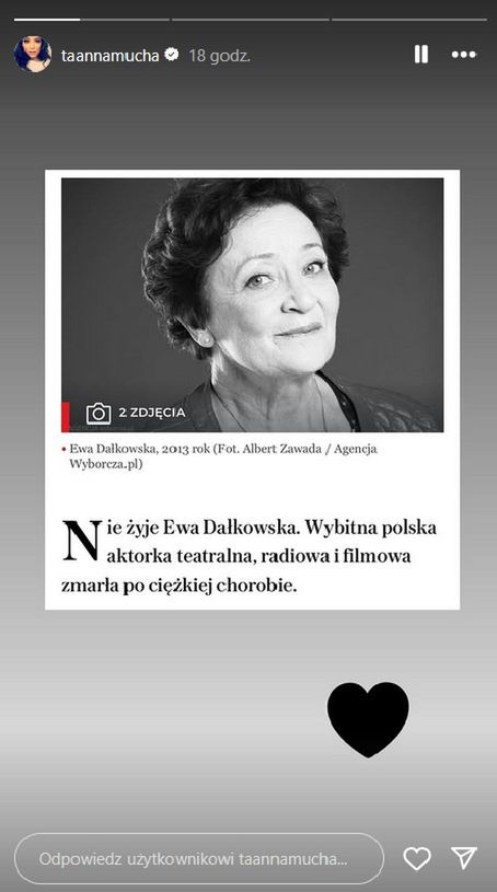 Anna Mucha udostępniła informację o śmierci Ewy Dałkowskiej 