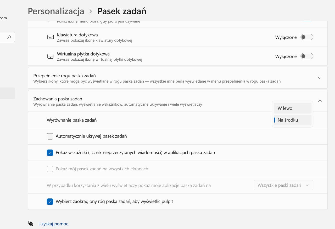 Windows 11, ustawienia Paska zadań