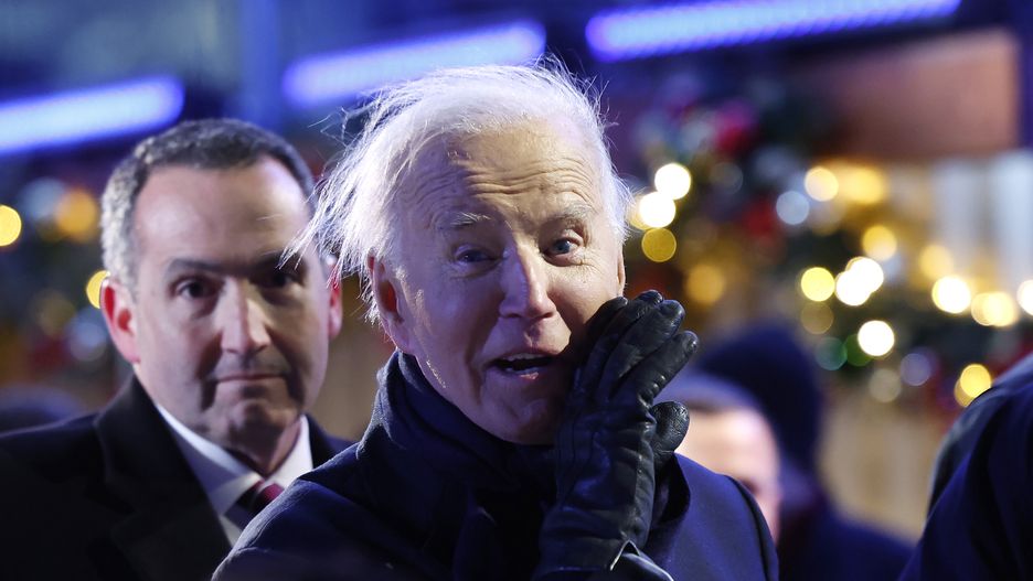WASHINGTON, DC - DECEMBER 05: U.S. President Joe Biden yells out to the press while departing the 102nd National Christmas Tree Lighting Ceremony on the Ellipse on December 05, 2024 in Washington, DC. The 2024 National Christmas Tree is a 35-foot Red Spruce from the George Washington and Jefferson National Forests in Virginia. (Photo by Kevin Dietsch/Getty Images)