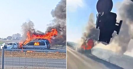 Dramatyczne nagranie z S17. Auto zapaliło się po wypadku