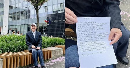 86-latek czyta wiersze na ulicy. Ludzie są poruszeni
