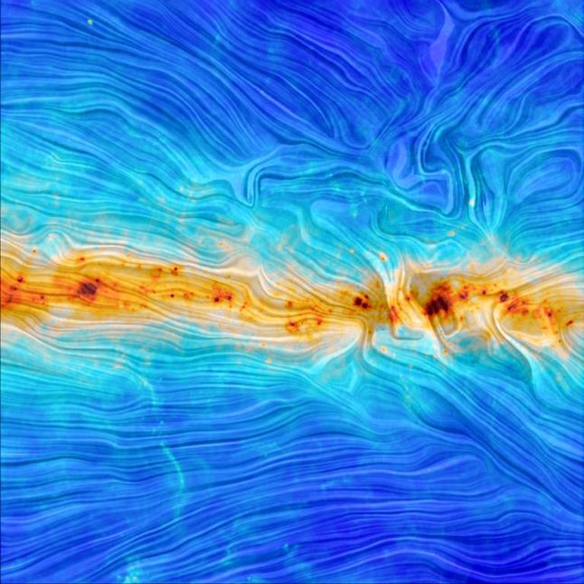 Wizualizacja pola magnetycznego naszej galaktyki, zrobiona dzięki satelicie Planck. Kolory oznaczają temperaturę - czerwony to najcieplejsze miejsca
