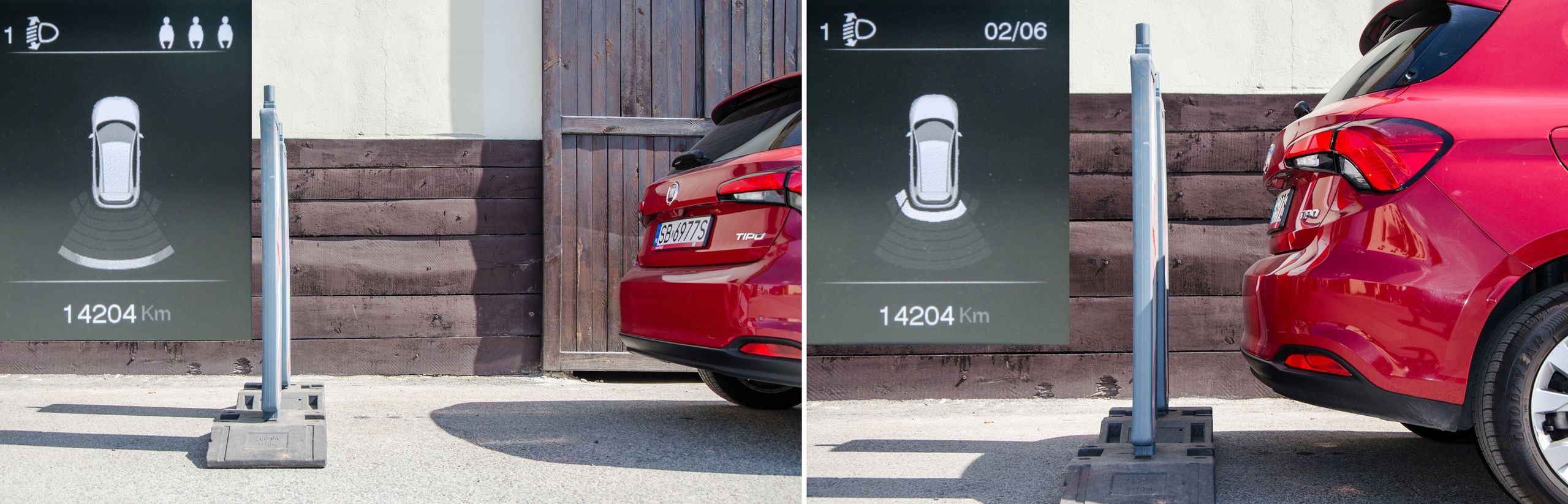 Pierwsze uaktywnienie się czujników następuje w odległości 151 cm od przeszkody. Sygnał przerywany (pikanie) zmienia się w ciągły w odległości 28 cm