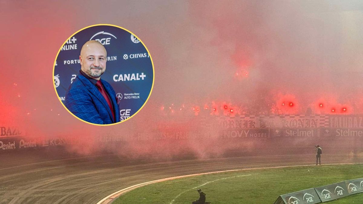 WP SportoweFakty / Na zdjęciu: pirotechnika podczas meczu Falubaz - Stal i Ryszard Kowalski (w kółku)