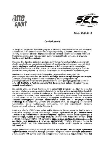 Oświadczenie firmy One Sport w sprawie SEC