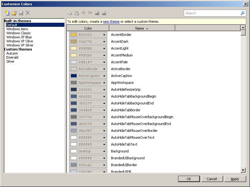Visual Studio Color Theme Editor - opcje