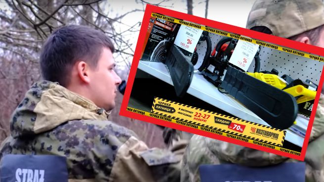 Białoruska sieć handlowa Хозтоварищ Беларусь reklamuje swój czarny piątek widokami inscenizowanymi na te pochodzące z granicy