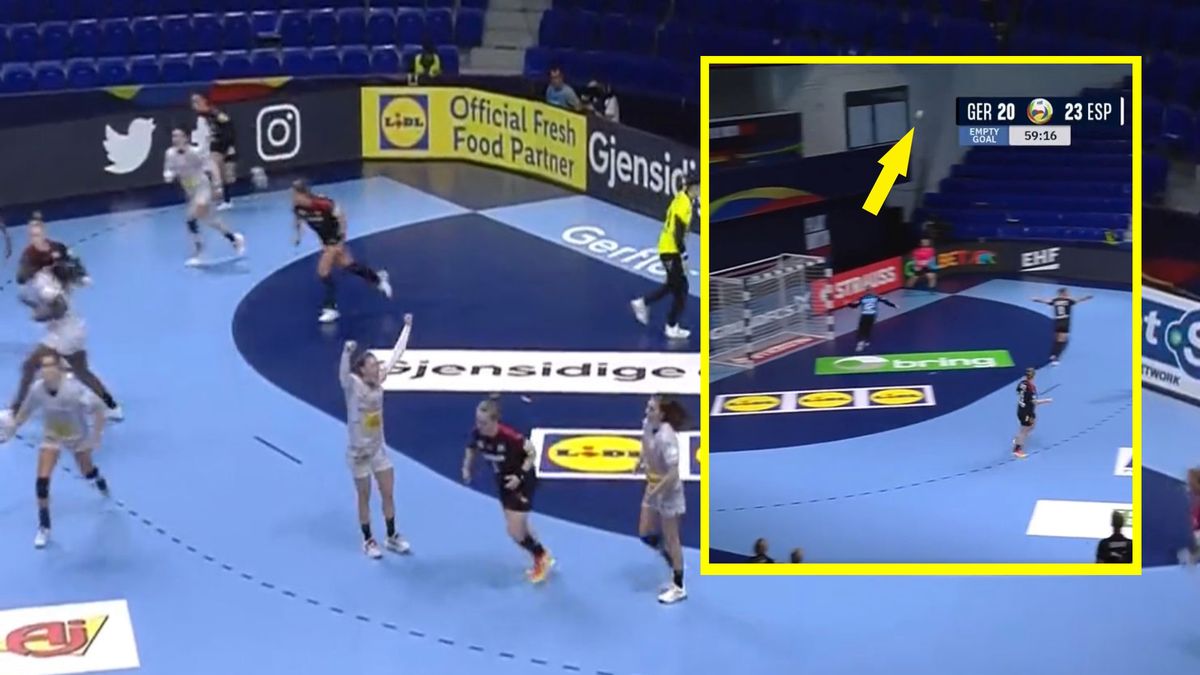 Twitter / Eurosport / Na głównym zdjęciu - Hiszpanka cieszy się po bramce Niemki, w kwadracie: kuriozalny rzut hiszpańskiej zawodniczki