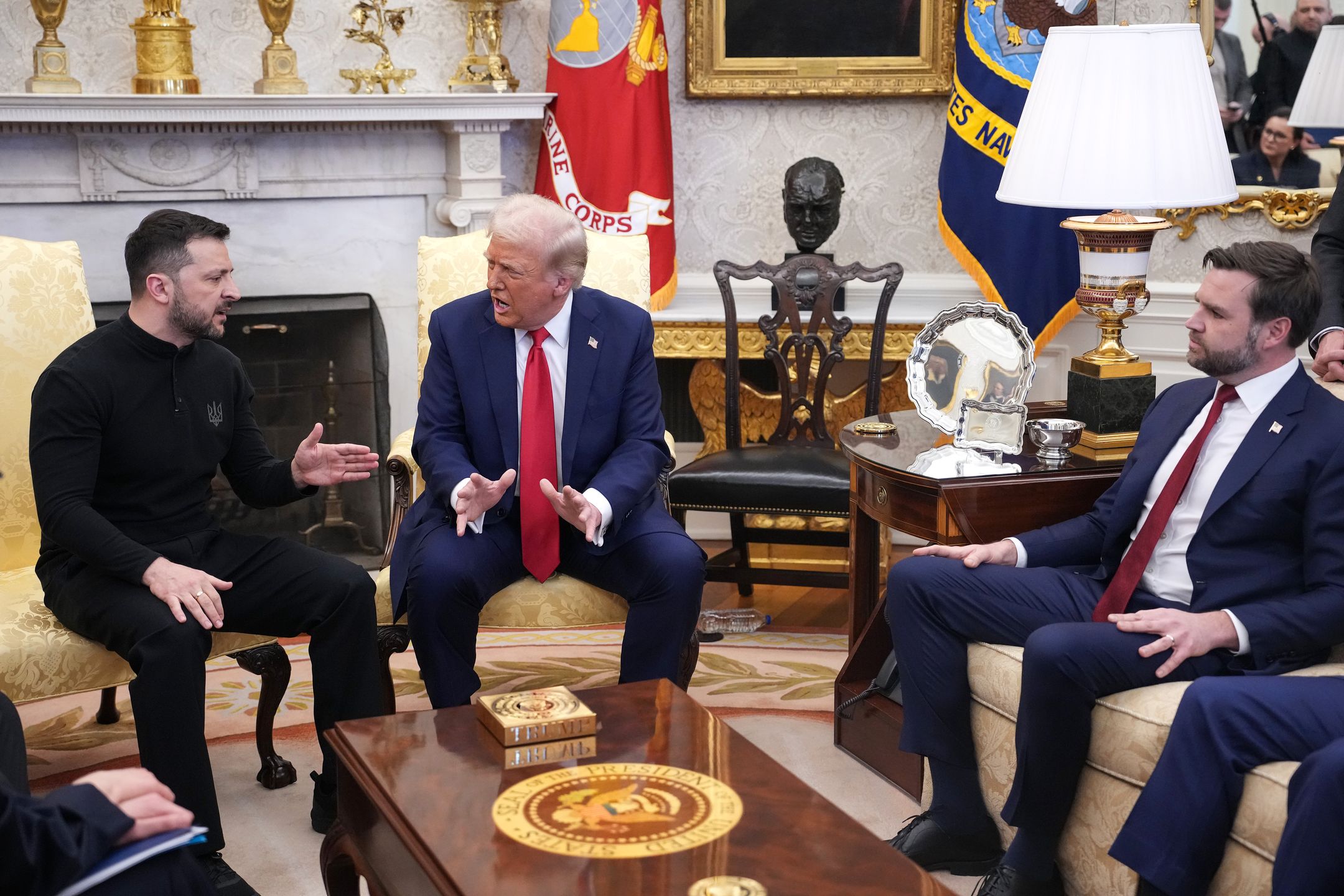 WASHINGTON, DC - FEBRUARY 28: U.S. President Donald Trump (C) and Vice President JD Vance meet with Ukrainian President Volodymyr Zelensky in the Oval Office at the White House on February 28, 2025 in Washington, DC. Trump and Zelensky are meeting today to negotiate a preliminary agreement on sharing Ukraine’s mineral resources that Trump says will allow America to recoup aid provided to Kyiv while supporting Ukraine’s economy. (Photo by Andrew Harnik/Getty Images)