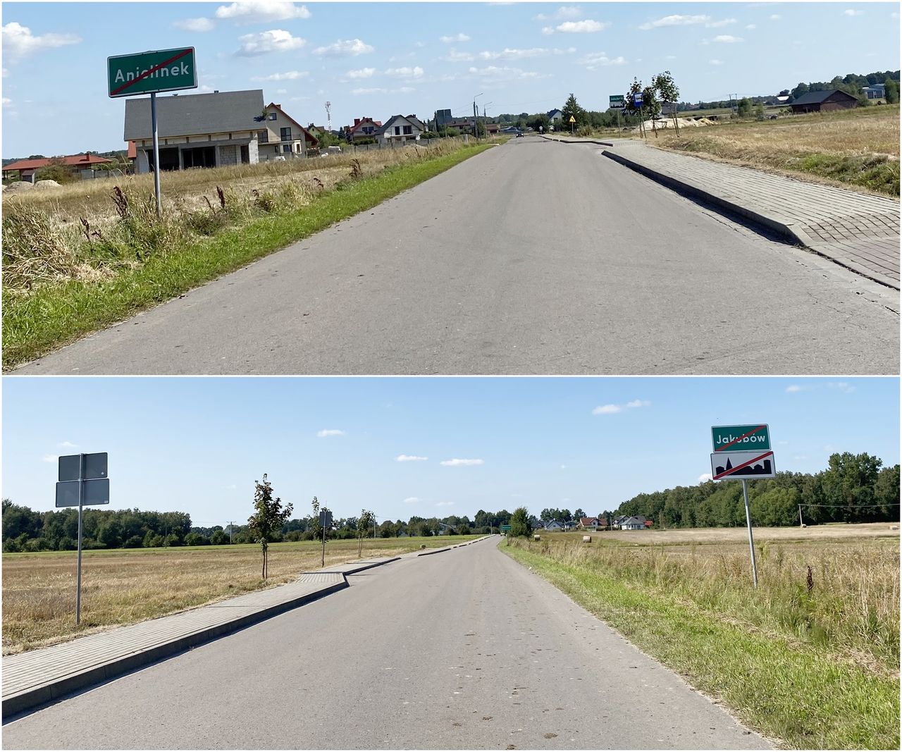 Ta sama droga widziana z dwóch kierunków. Kierowca wyjeżdżający z miejscowości Anielinek  w kierunku miejscowości Jakubów musi jechać z prędkością 50 km/h, ponieważ w tym kierunku nie umieszczono znaku D-43. Jadąc w przeciwnym kierunku, wyjazd z Jakubowa jest oznaczony znakiem D-43, więc może przyspieszyć do 90 km/h, ale tylko do znaku D-42 umieszczonego za znakiem oznaczającym początek miejscowości Anielinek.
