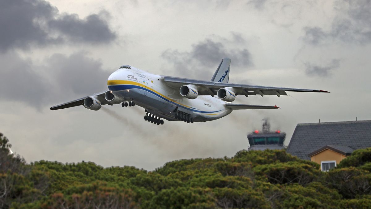 An Antonov An-124-100 is taking off from Barcelona Airport in Barcelona, Spain, on March 25, 2024, after delivering one of the sailboats that will participate in the upcoming edition of the America's Cup, set to take place in the Catalan capital between August and October. (Photo by Urbanandsport/NurPhoto via Getty Images)