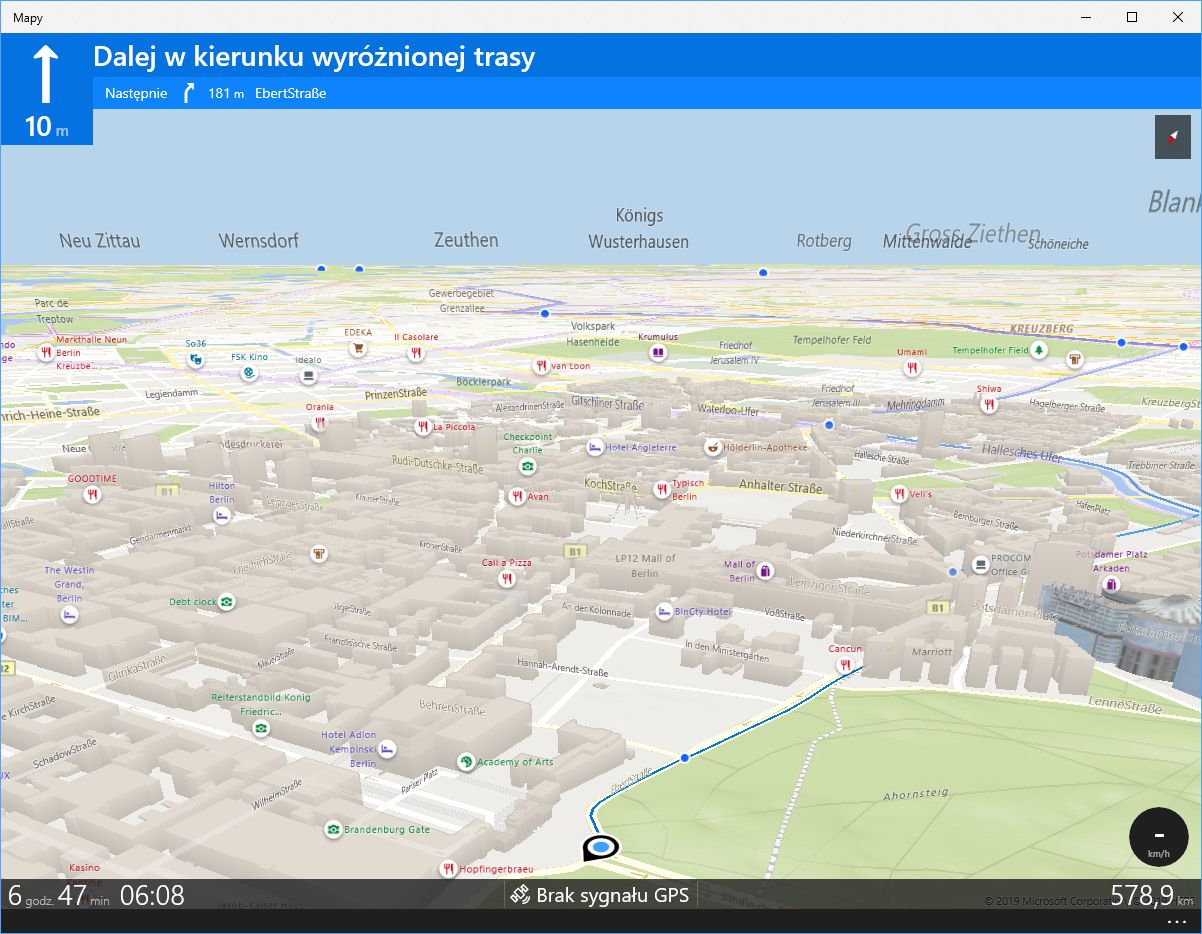 Mapy Windows obsługują naturalnie również tryb nawigacji. Jest to szczególnie zabawne na komputerze stacjonarnym
