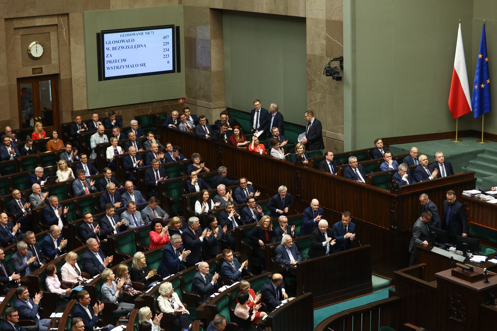 Warszawa, 12.05.2022. Posiedzenie Sejmu. Glosowanie nad wyborem Adama Glapinskiego na prezesa NBP; n/z poslowie PiS, Ryszard Terlecki, Jaroslaw Kaczynski, Mariusz Blaszczak.