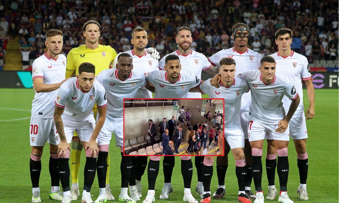Getty Images / Joan Valls/Urbanandsport /NurPhoto / Twitter / Alfredo Martinez / Na zdjęciu: Piłkarze Sevilli FC. W ramce przedstawiciele klubu na sektorze kibiców gości.