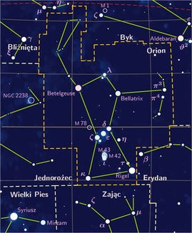 konstelacja Oriona na mapie nieba