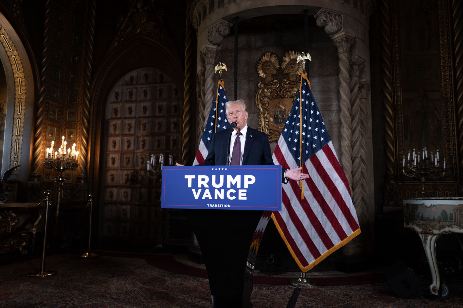 PALM BEACH, FLORIDA - JANUARY 07:  U.S. President-elect Donald Trump speaks to members of the media during a press conference at the Mar-a-Lago Club on January 07, 2025 in Palm Beach, Florida. Trump will be sworn in as the 47th president of the United States on January 20, making him the only president other than Grover Cleveland to serve two non-consecutive terms in office. (Photo by Scott Olson/Getty Images)