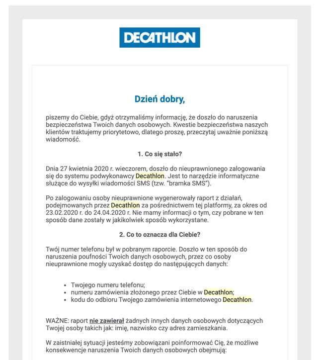 Decathlon przeprasza za wyciek danych, fot. Niebezpiecznik.