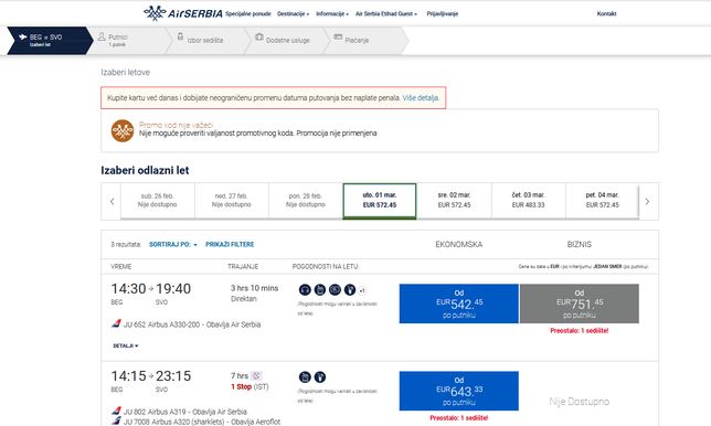 Linie Air Serbia wciąż oferują połączenia do Rosji