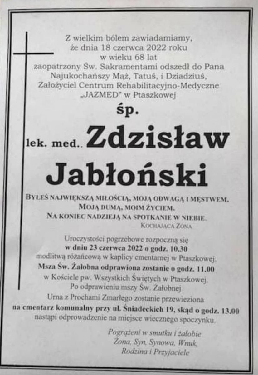 Rodzina zamieściła nekrolog