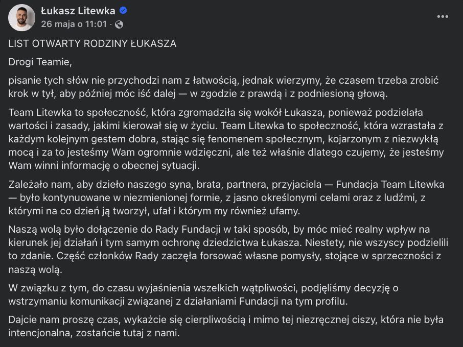 Oświadczenie rodziny Łukasza Litewki