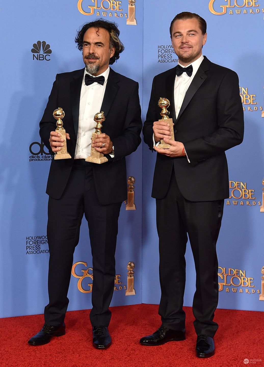 Alejandro Gonzalez Inarritu (reżyser filmu "Zjawa") i Leonardo DiCaprio, Złote Globy 2016 (fot. East News)