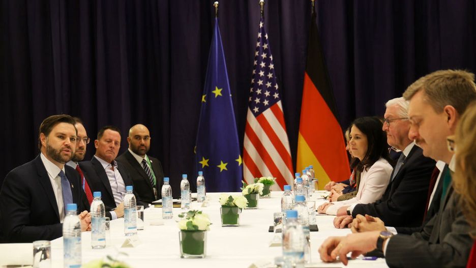 61st Munich Security Conference
MUNICH, GERMANY - FEBRUARY 14: US vice president JD Vance (L) participates in a bilateral meeting with German exterior minister Annalena Baerbock (3rdR) and German president Frank-Walter Steinmeier (2ndR) at the 61st Munich Security Conference on February 14, 2025 in Munich, Germany. International defence and security leaders from around the world are gathering for the February 14-16 conference. (Photo by Johannes Simon/Getty Images)
Johannes Simon