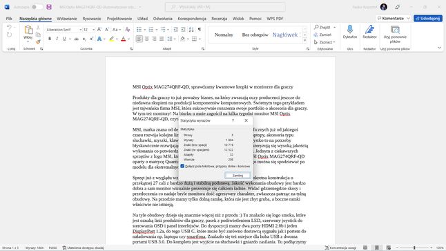 Microsoft Word: okno Statystyka wyrazów