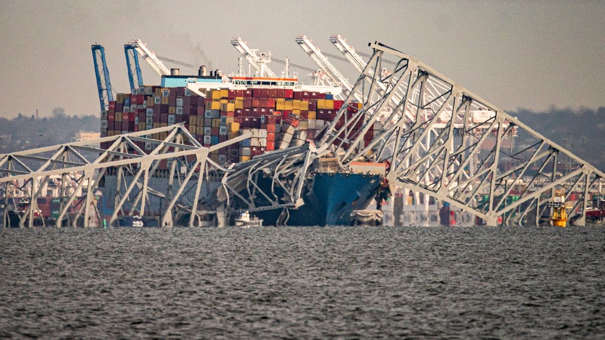 The Dali container vessel after striking the Francis Scott Key Bridge that collapsed into the Patapsco River in Baltimore, Maryland, US, on Tuesday, March 26, 2024. The commuter bridge collapsed after being struck by a container ship, causing vehicles to plunge into the water and halting shipping traffic at one of the most important ports on the US East Coast. Photographer: Al Drago/Bloomberg via Getty Images
