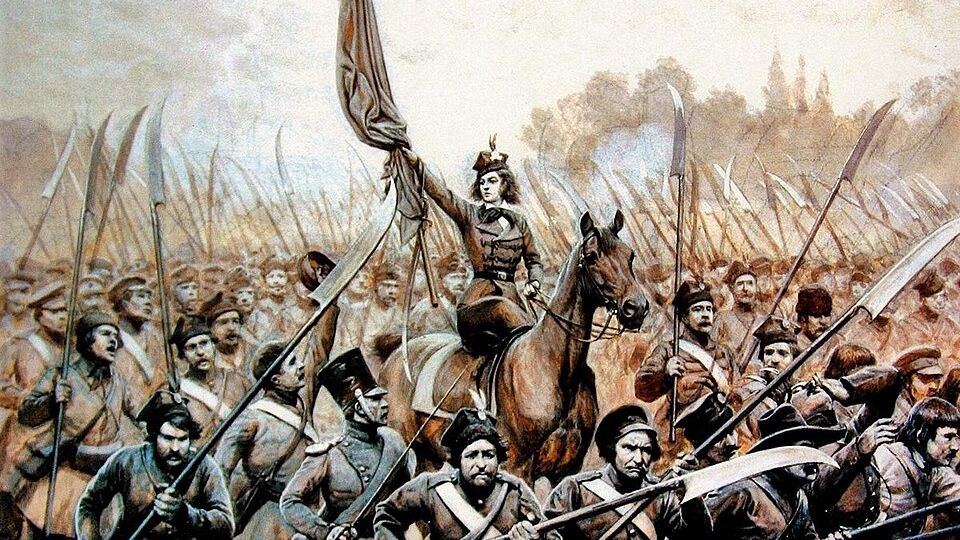 Emilia Plater na czele kosynierów w 1831, obraz Jana Rosena
