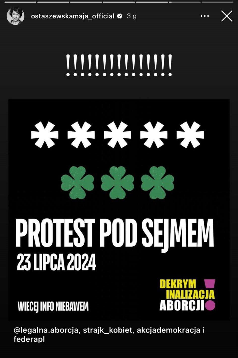 Post Mai Ostaszewskiej ws. protestu pod Sejmem