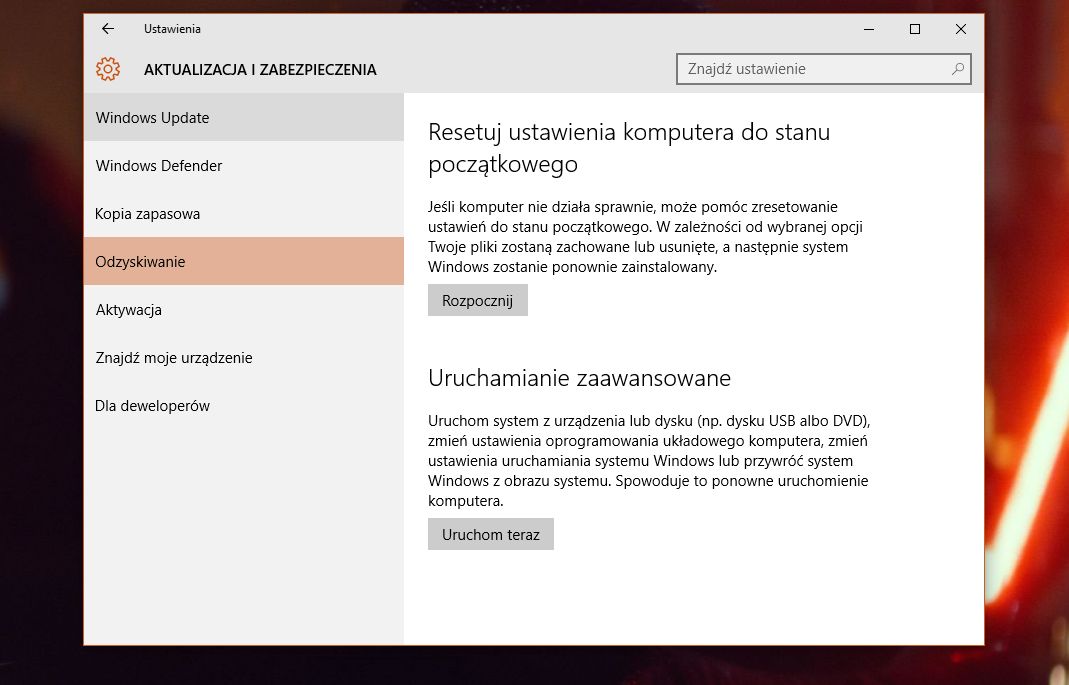 Opcje obecnie dostępne w Windows 10