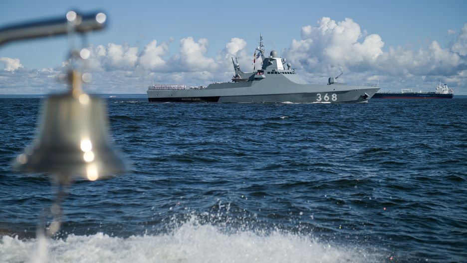 ST PETERSBURG, RUSSIA - JULY 26, 2020: The Vasily Bykov counter sabotage boat (Project 22160) in the Kronstadt roadstead ahead of a military parade on Russian Navy Day. Alexei Druzhinin/Russian Presidential Press and Information Office/TASS (Photo by Alexei Druzhinin\TASS via Getty Images)