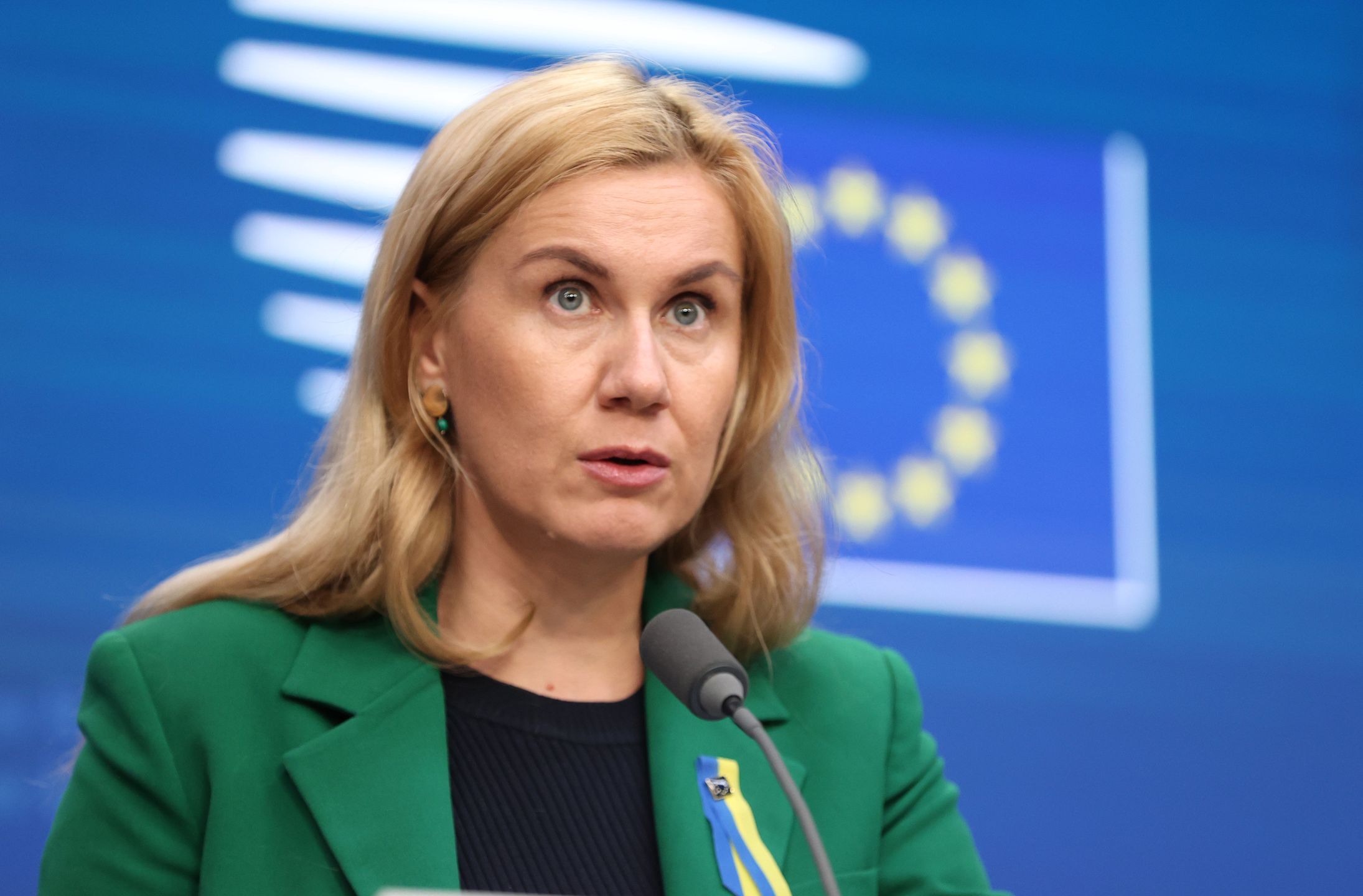 BRUSSELS, BELGIUM - NOVEMBER 24: European Commissioner for Energy Kadri Simson and Czech Minister for Industry and Trade Jozef Sikela (not seen) hold a press conference after European Union (EU) Energy Ministers Meeting in Brussels, Belgium on 24 November 2022. (Photo by Dursun Aydemir/Anadolu Agency via Getty Images)