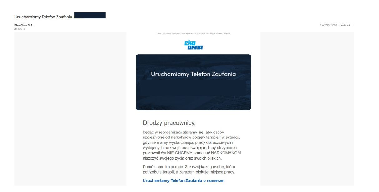 Mail wysłany do pracowników spółki 