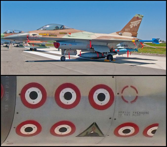 Izraelski F-16 - na kadłubie oznaczenia 7,5 zwycięstw powietrznych i symbol potwierdzający udział w bombardowaniu reaktora