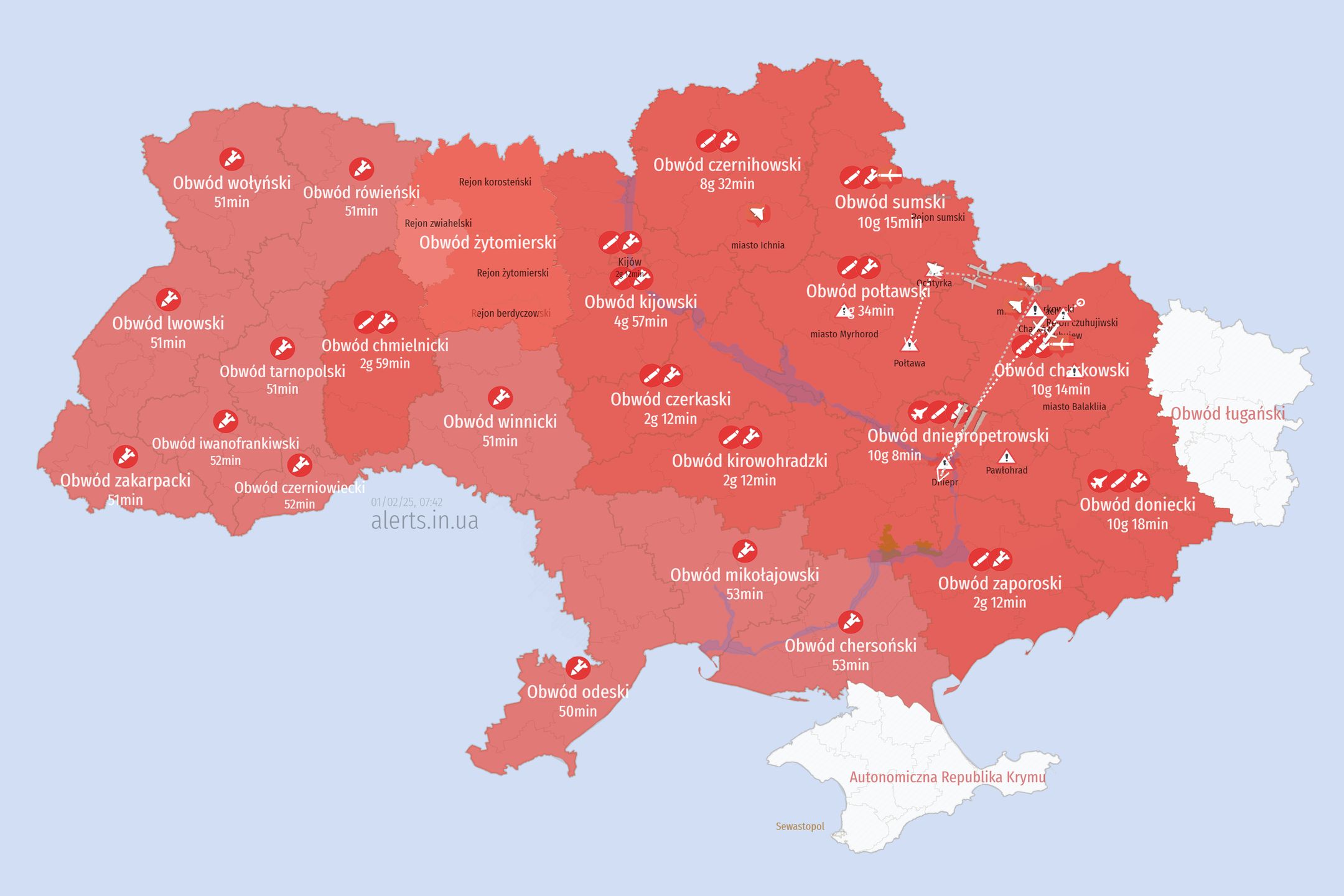 Mapa alarmowa Ukrainy. Stan na godz. 6:43