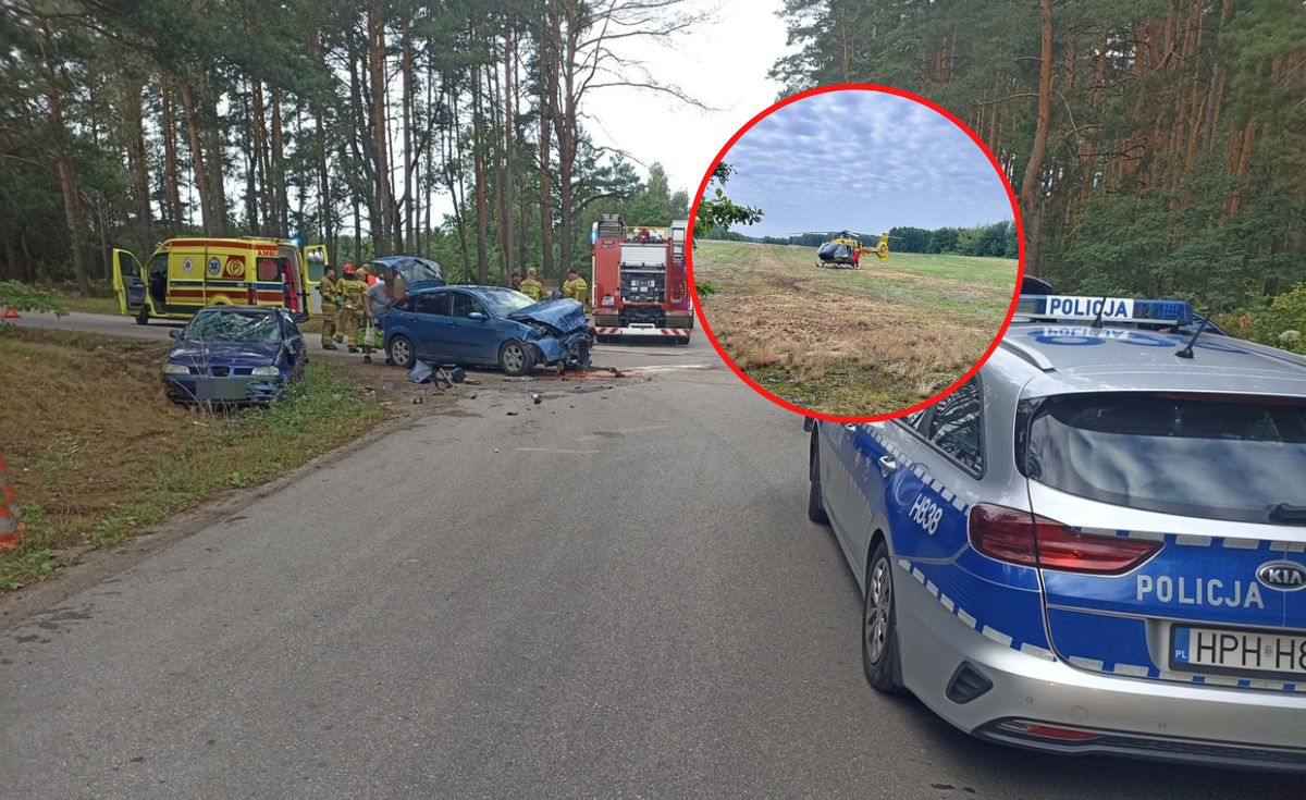 zderzenie czołowe, wypadek drogowy, ranne dziecko, śmigłowiec LPR Dziecko ranne w czołowym zderzeniu. Lądował LPR