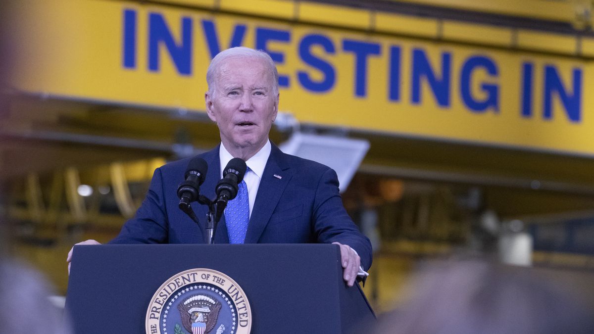 MINNESOTA, USA - APRIL 03: U.S. President Joe Biden speaks to the crowd at the Cummins power generation facility, on April 03, 2023 in Fridley, Minnesota, United States. (Photo by Christopher Mark Juhn/Anadolu Agency via Getty Images)