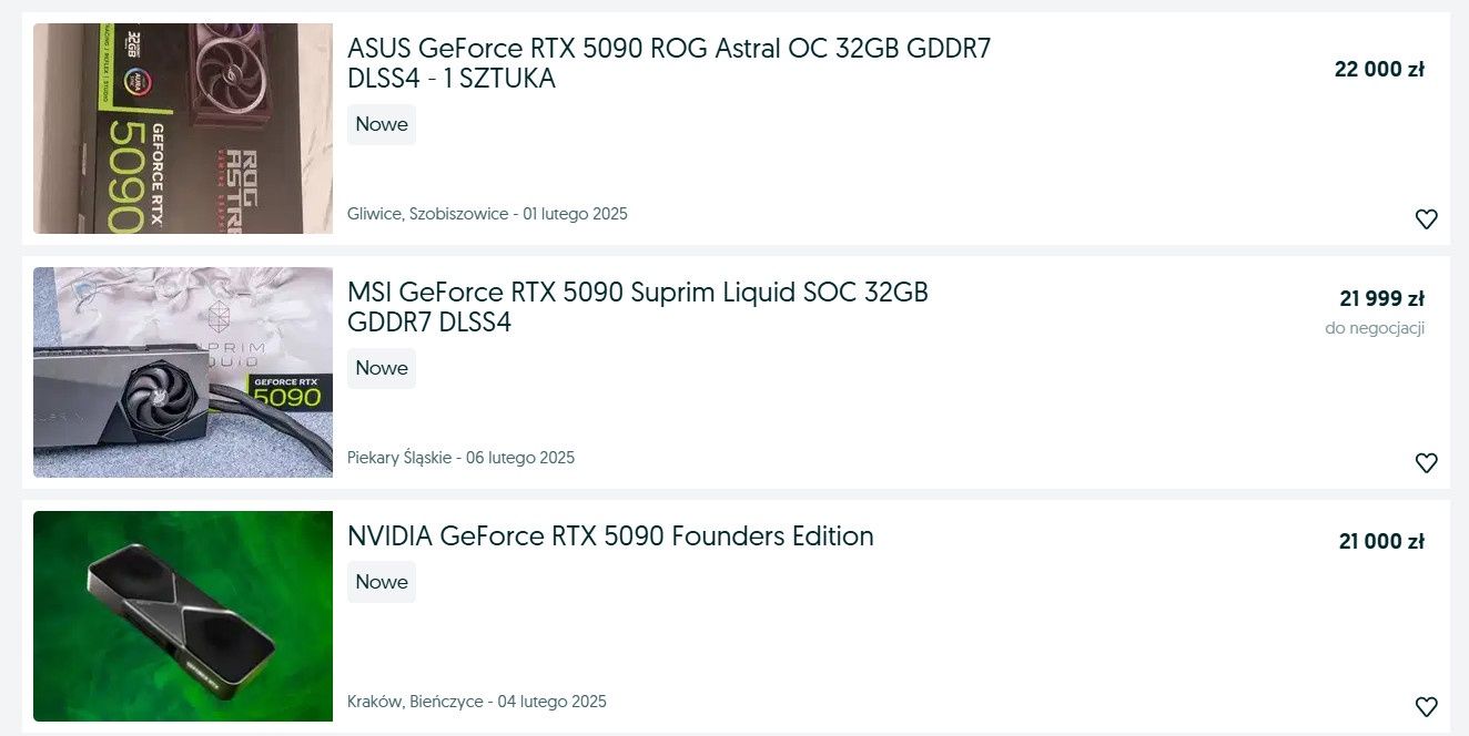 GeForce RTX 5090 - ceny kart graficznych w serwisach ogłoszeniowych