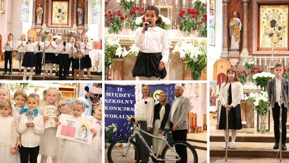 Młodzi artyści z regionu śpiewają pieśni maryjne podczas II Międzyszkolnego Konkursu Wokalnego &#34;Maryjne Melodie&#34; 2025 w Siniarzewie.
