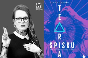 Karolina Opolska i okładka jej książki "Teoria spisku..."