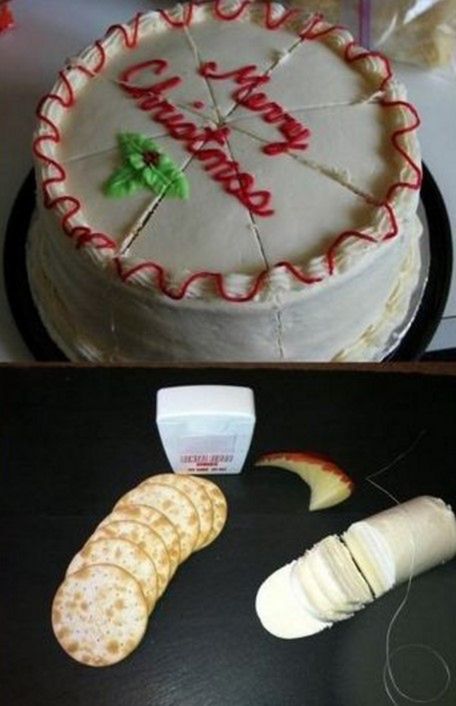 Precyzyjne cięcie miękkich produktów za pomocą nici.Tylko pamiętaj, aby nie używać nici dentystycznych, które mają np. miętowy smak.