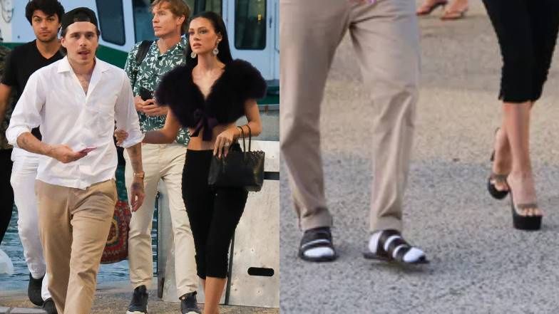 Wyposażony w skiety i klapki Brooklyn spaceruje z żoną