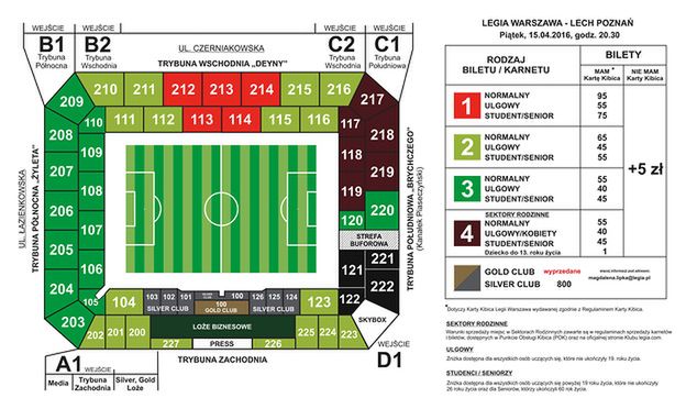 Ceny i rodzaje biletów na mecz Legia - Lech (źródło: legia.com)