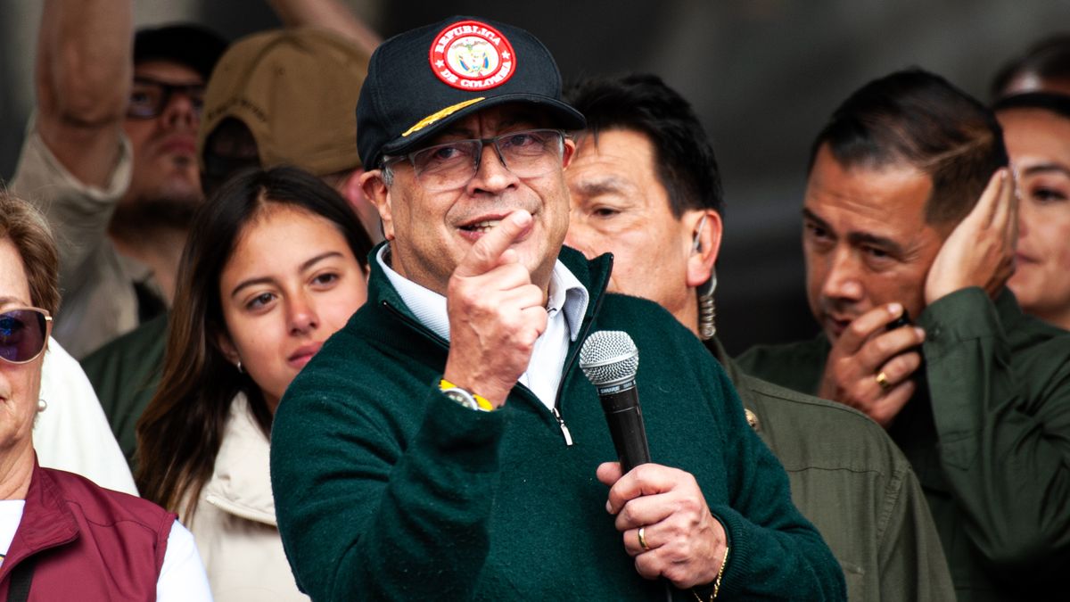 Colombian president Gustavo Petro takes part as supporters demonstrate in support of his reform bills on retirment, labor, prisons and health on May 1, 2024, in Bogota, Colombia. (Photo by: Sebastian Barros/Long Visual Press/Universal Images Group via Getty Images)