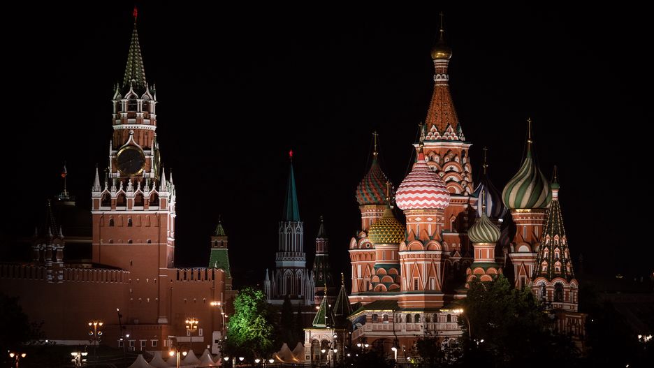 Saint Basil's Cathedral and Kremlin clock tower are seen in a night view in Moscow, Russia, on May 19, 2019. (Photo by Lorenzo Di Cola/NurPhoto via Getty Images)