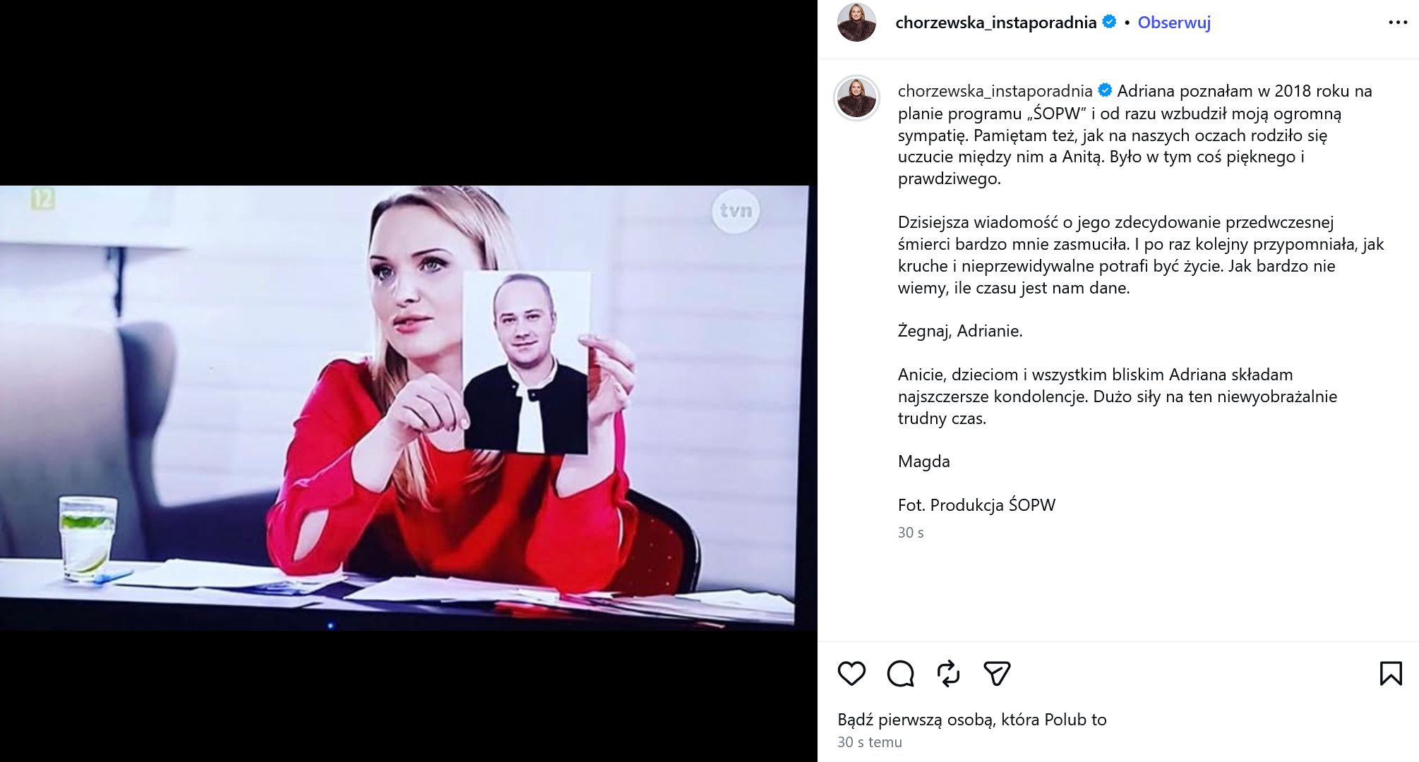 Wpis Magdaleny Chorzewskiej po śmierci Adriana Szymaniaka
